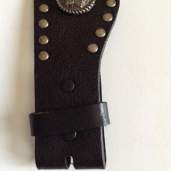 Black Studded Genuine Leather Scalloped Edge Belt Rhinestones Accessories - Picture 4 of 7